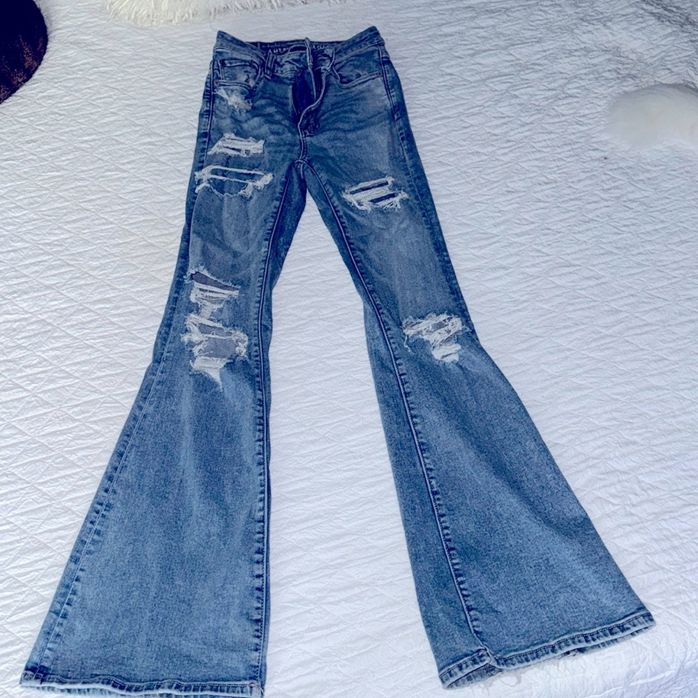 Juniors 2 long American Eagle super high rise flare jeans.